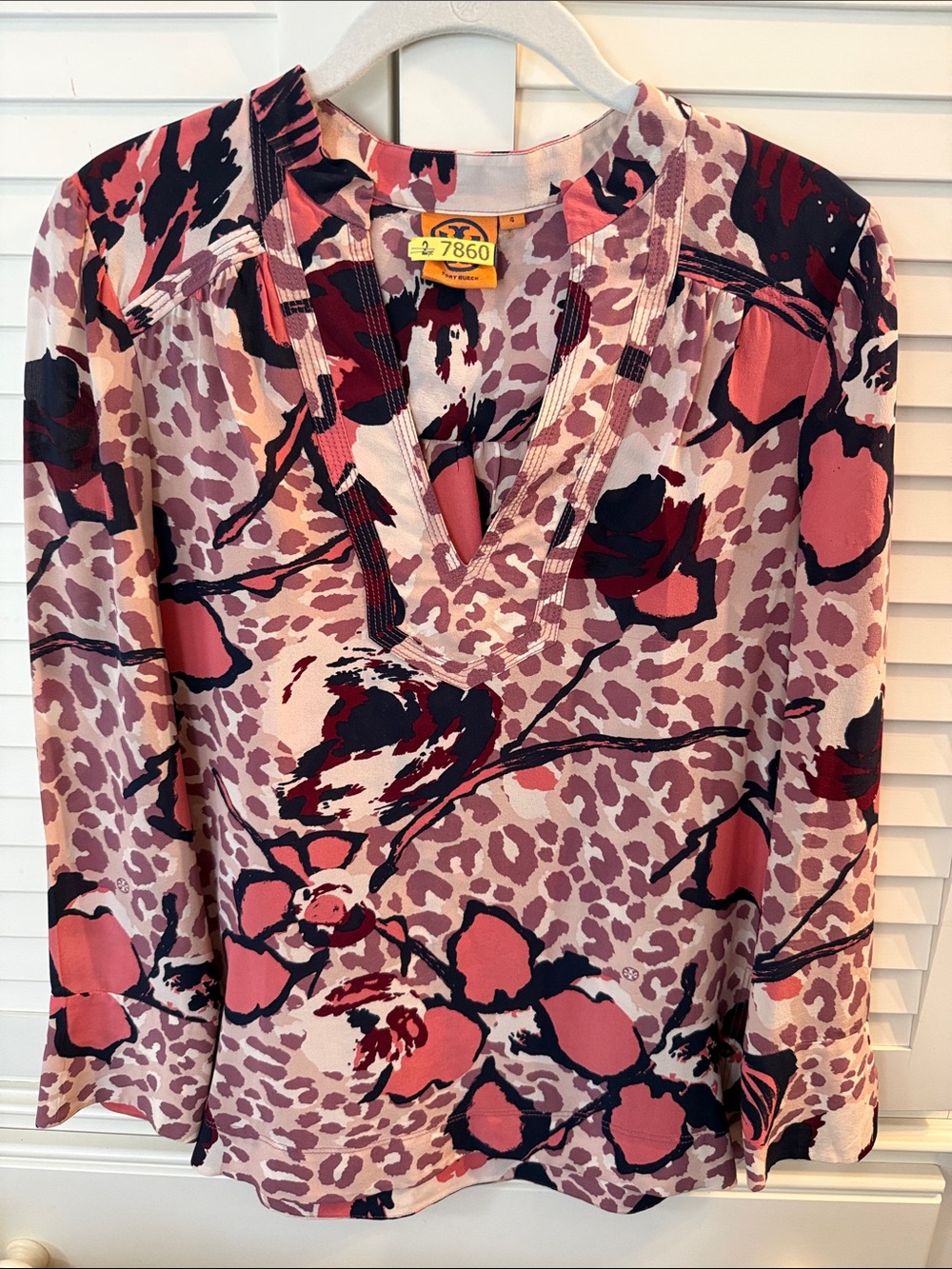 Tory Burch Floral Print V-Neck Women's Top in Pink, Maroon, and Navy